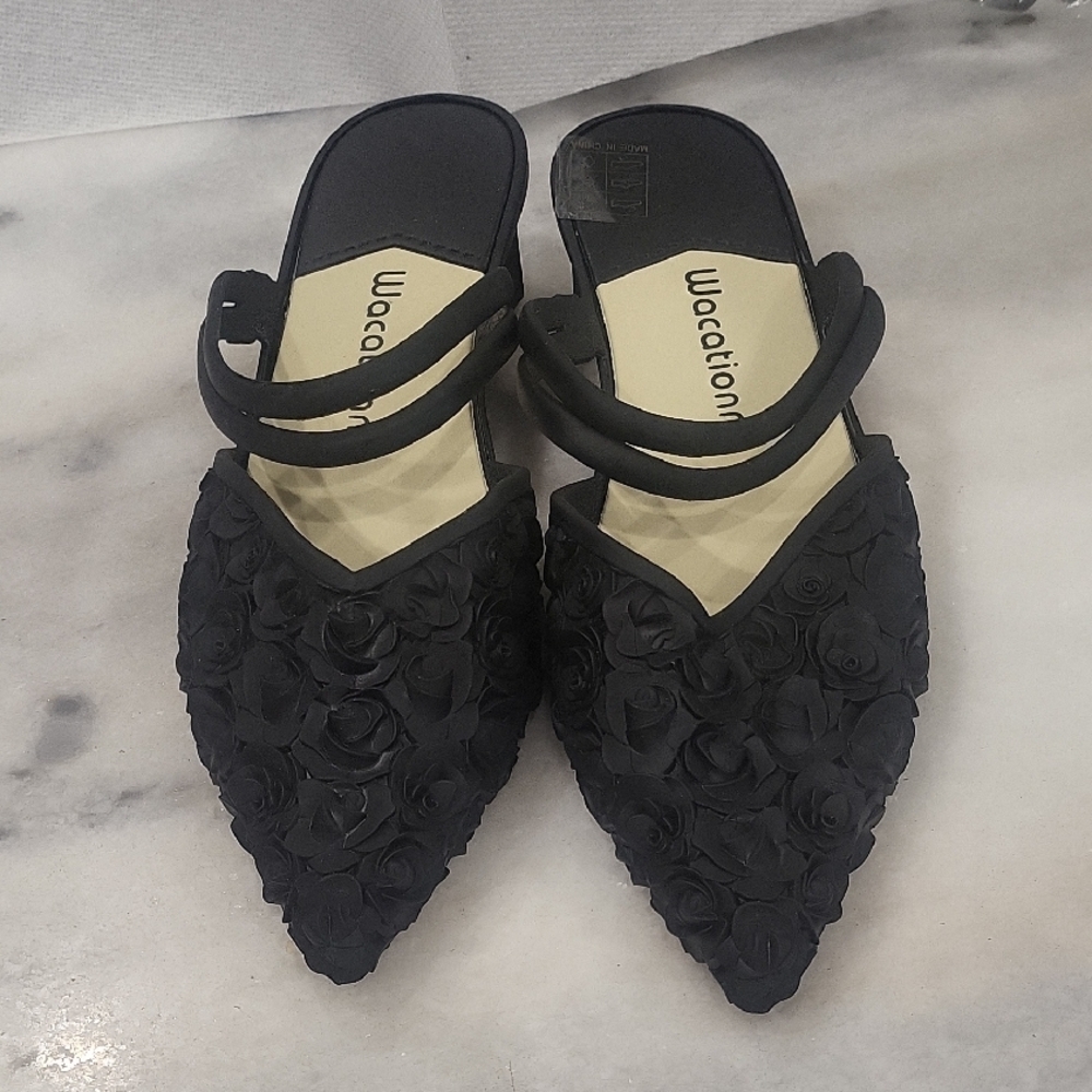 Black Textured Pointed-Toe Mules - Picture 2 of 5